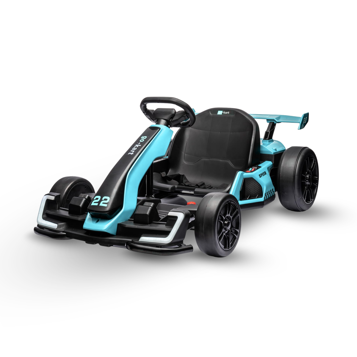 Turquoise blue 24V DriftForce Pro electric go kart for kids featuring drift tyres, safety belt and sporty racing design
