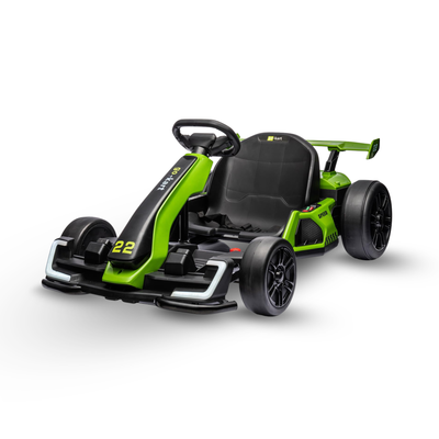Lime green 24V DriftForce Pro kids electric drift go kart with racing seat, rear spoiler and dual 150W motors