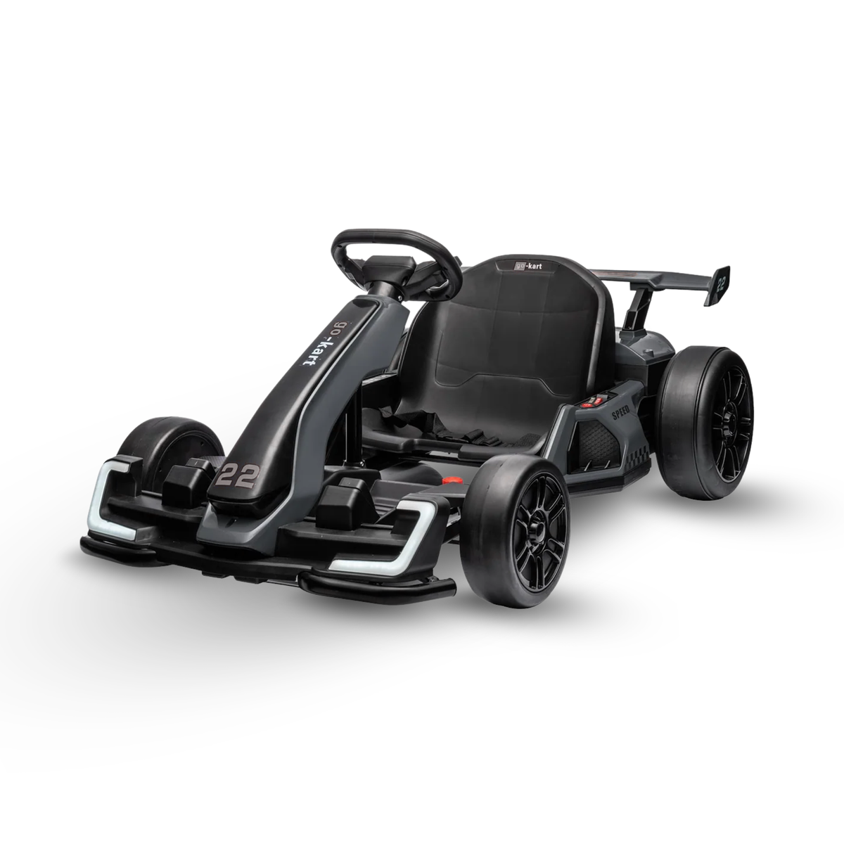 Grey 24V DriftForce Pro electric drift go kart for kids with dual 150W motors, adjustable racing seat and drift tyres