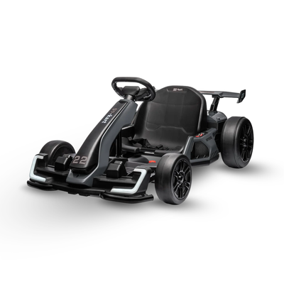 Grey 24V DriftForce Pro electric drift go kart for kids with dual 150W motors, adjustable racing seat and drift tyres
