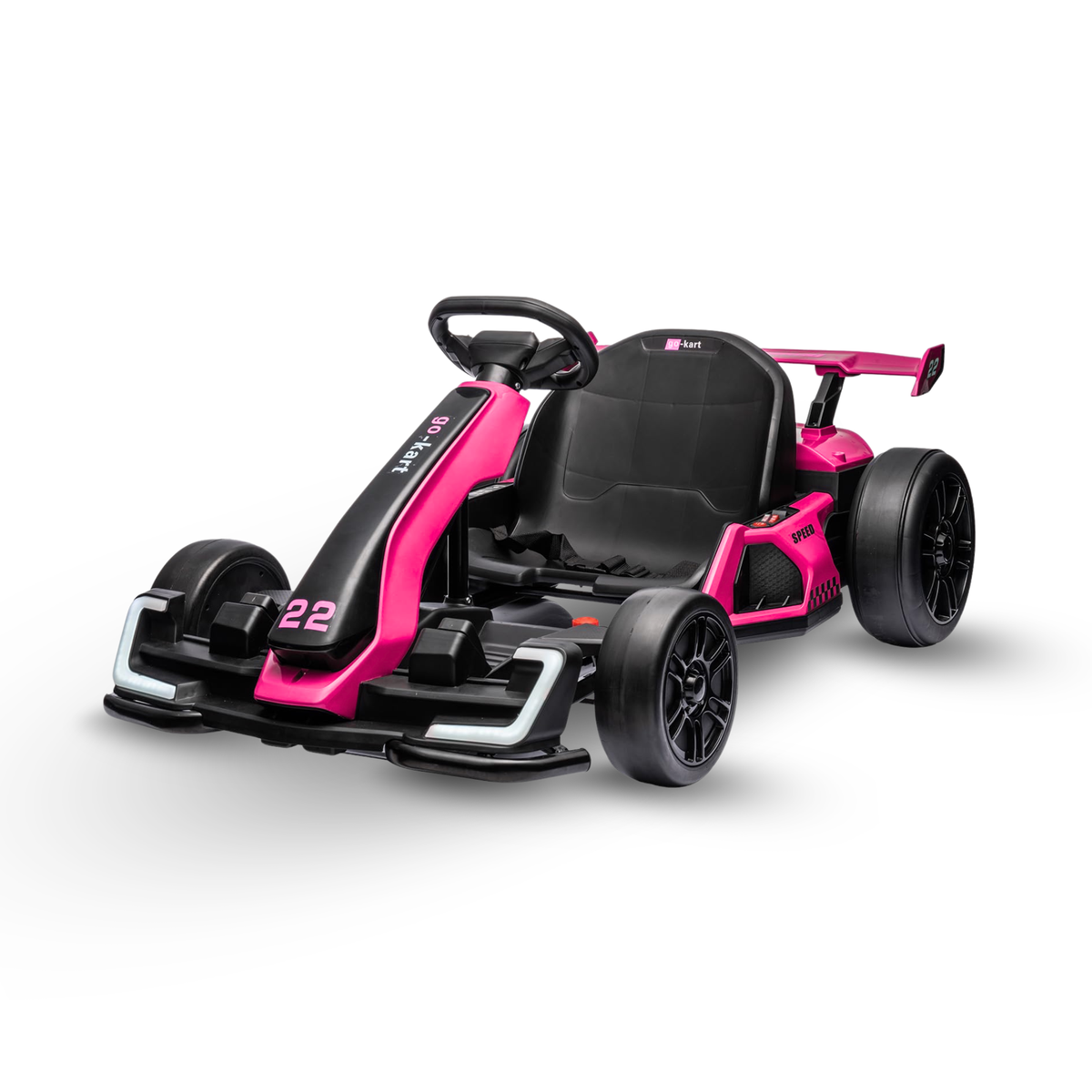 Pink 24V DriftForce Pro electric drift go kart for kids with adjustable racing seat, dual motors and drift-style wheels