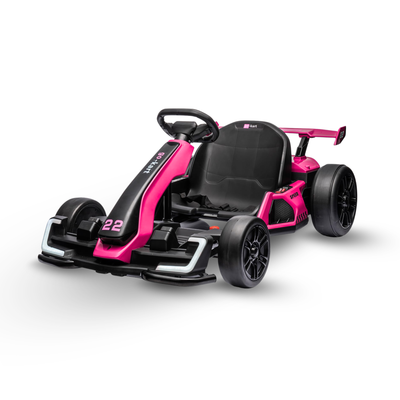 Pink 24V DriftForce Pro electric drift go kart for kids with adjustable racing seat, dual motors and drift-style wheels