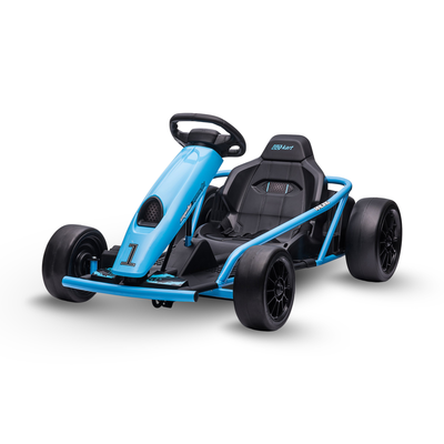 Blue 24V TurboDrift kids electric drift kart featuring dual 200W motors and sporty racing design