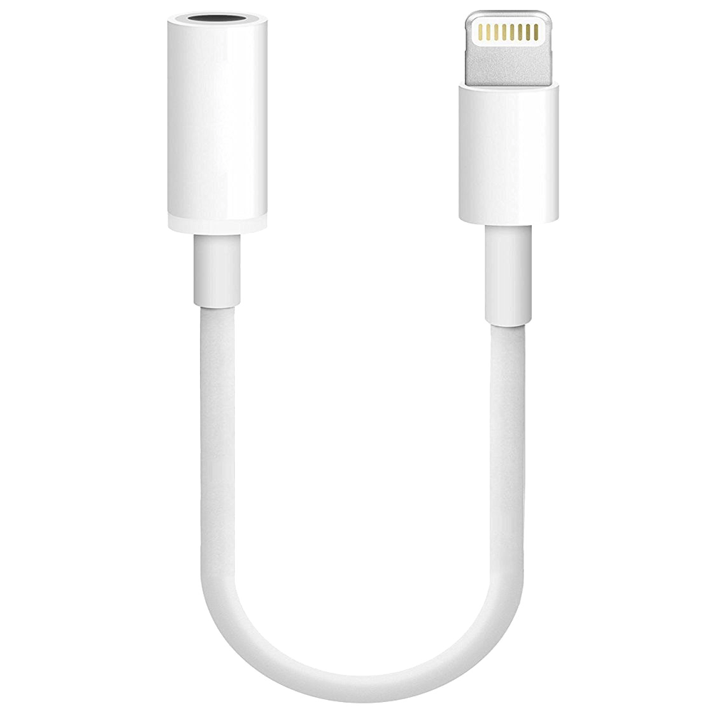 A white 3.5mm headphone jack adapter with a Lightning connector.