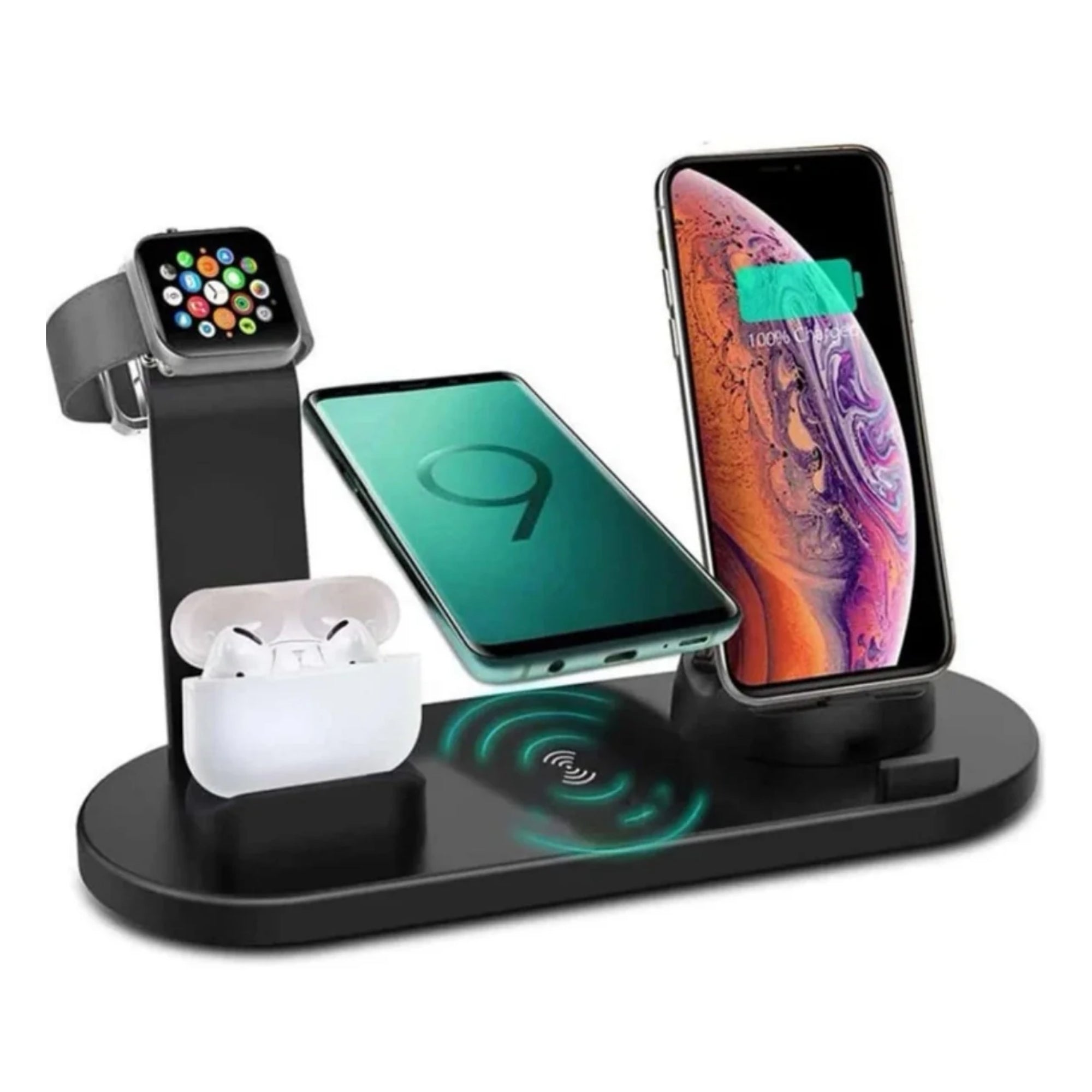 A 5-in-1 wireless charger stand with multiple devices plugged into it, demonstrating its charging function.