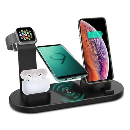 A 5-in-1 wireless charger stand with multiple devices plugged into it, demonstrating its charging function.