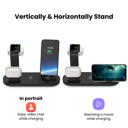A 5-in-1 wireless charger stand with multiple devices plugged into it, demonstrating its charging function.