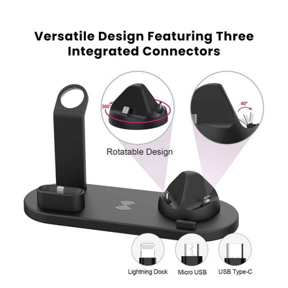 A 5-in-1 wireless charger stand, demonstrating its functions.