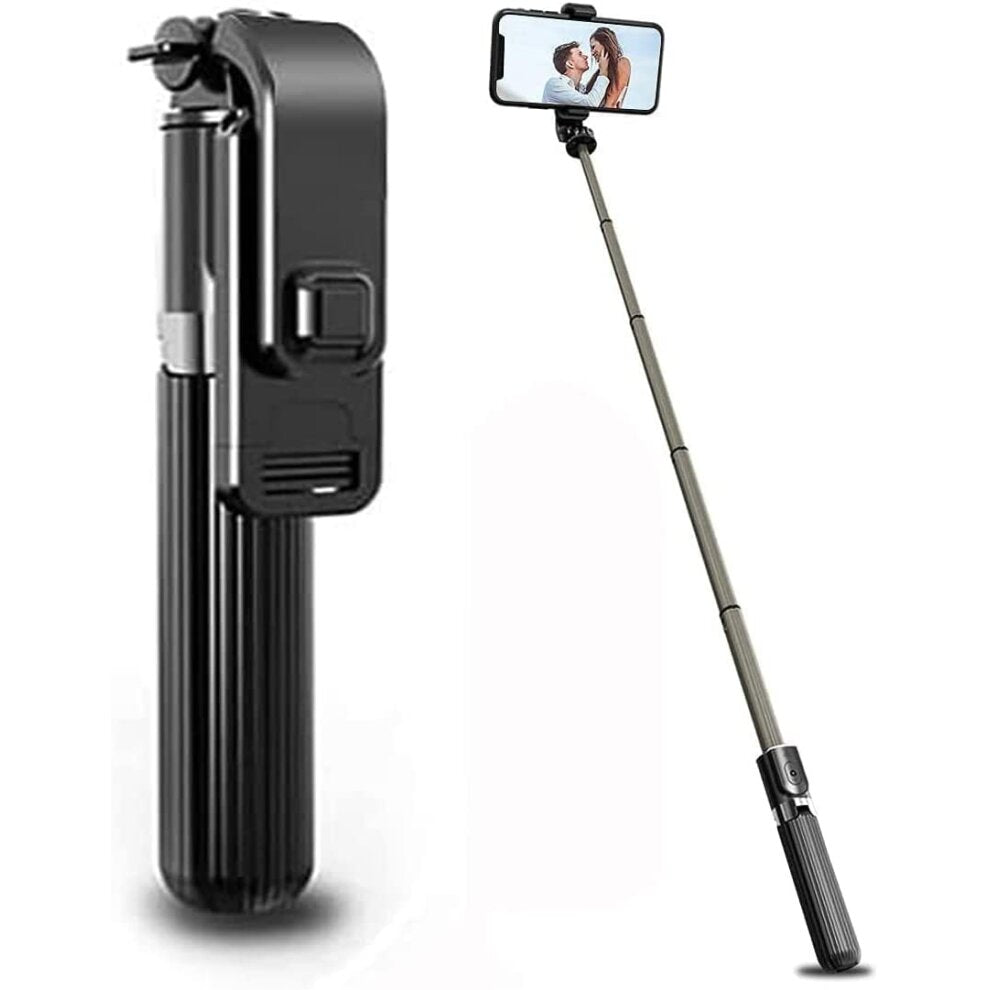 A black anti-shake tripod with a mobile phone mounted on top, showing the tripod's ability to convert into a selfie stick.