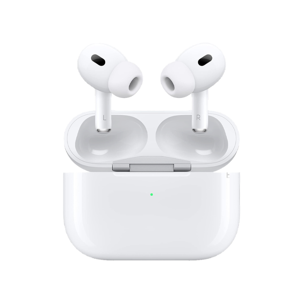 Apple AirPods Pro 2nd Generation earbuds in white color, with a charging case open, showing the ear tips and the earbuds' design.