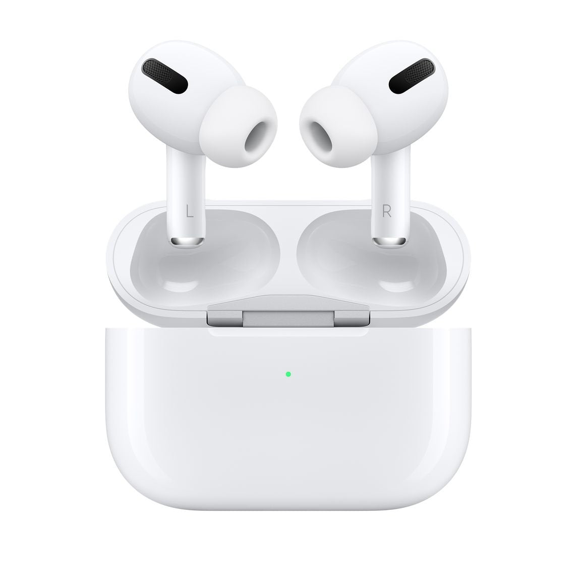 A pair of white Apple AirPods Pros in a charging case.