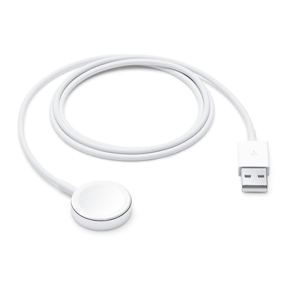 An Apple Watch charger with a white magnetic attachment surface and a white cable connecting to a USB port.