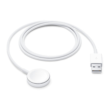 An Apple Watch charger with a white magnetic attachment surface and a white cable connecting to a USB port.