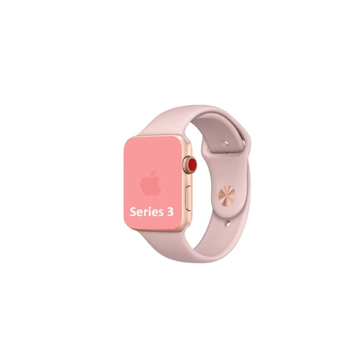 Apple Watch Series 3 in a pink band on a white background.