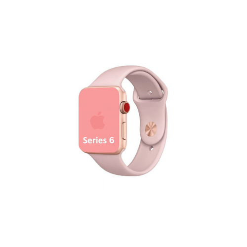 Apple Watch Series 6 with a pink band on a white background.