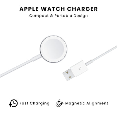 An Apple Watch charger with a white magnetic attachment surface and a white cable connecting to a USB port.