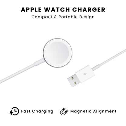 An Apple Watch charger with a white magnetic attachment surface and a white cable connecting to a USB port.