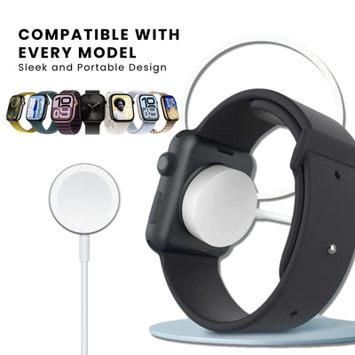 An Apple Watch charger with a white magnetic attachment surface and a white cable connecting to a USB port compatible with every model.