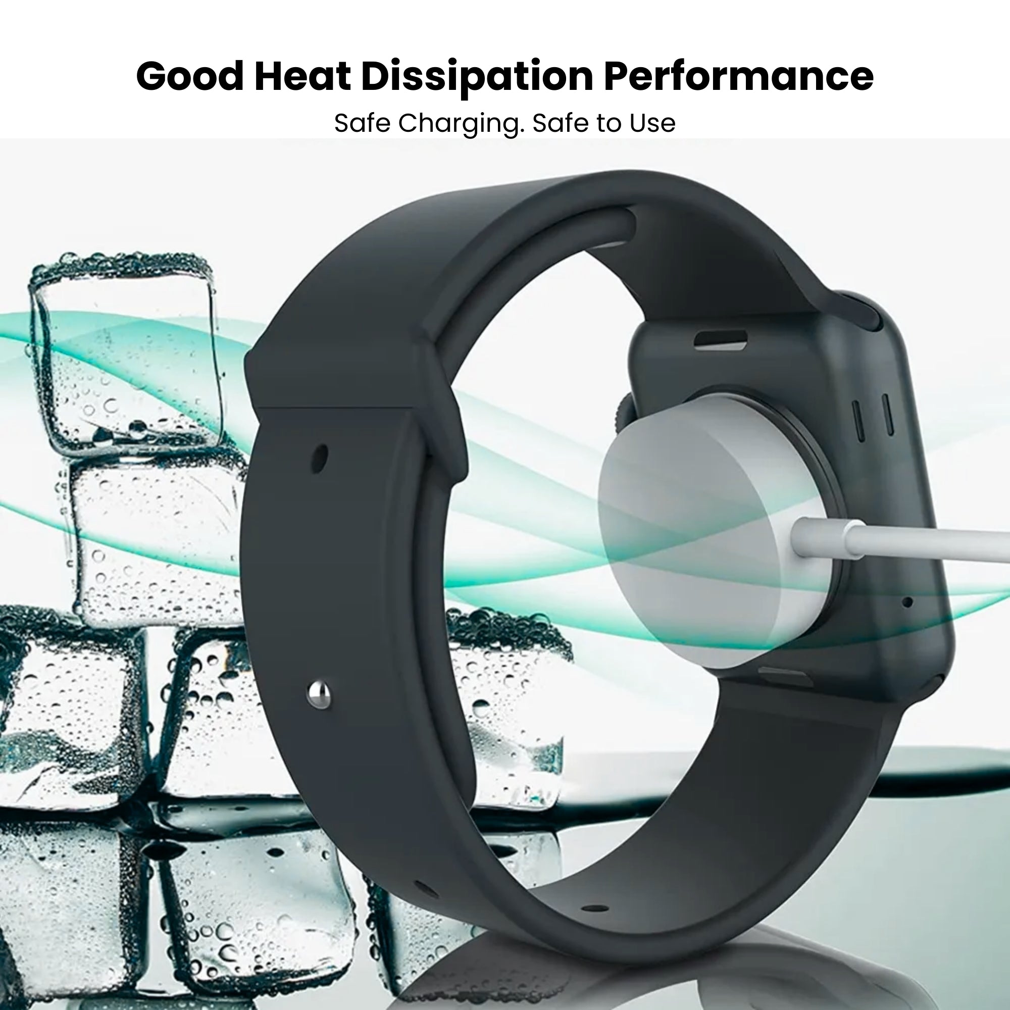 An Apple Watch charger with a white magnetic attachment surface and a white cable connecting to a USB port.