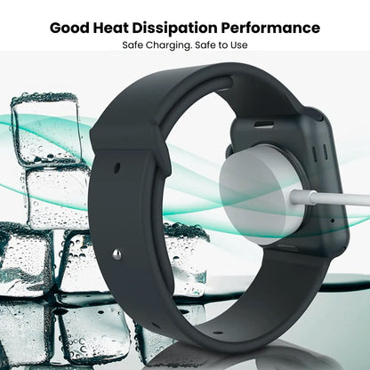 An Apple Watch charger with a white magnetic attachment surface and a white cable connecting to a USB port.