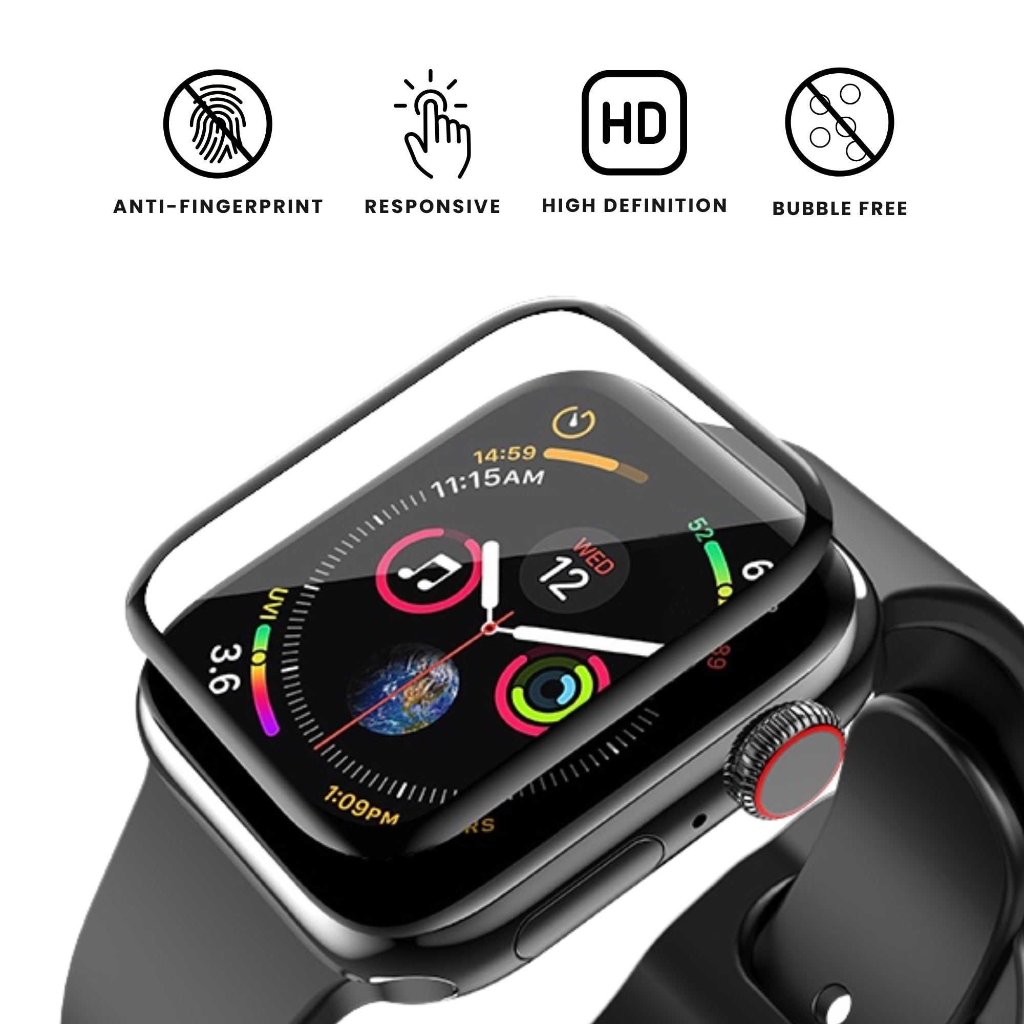 A screen protector for Apple Watch, transparent responsive, anti-fingerprint and high definition, bubble free.