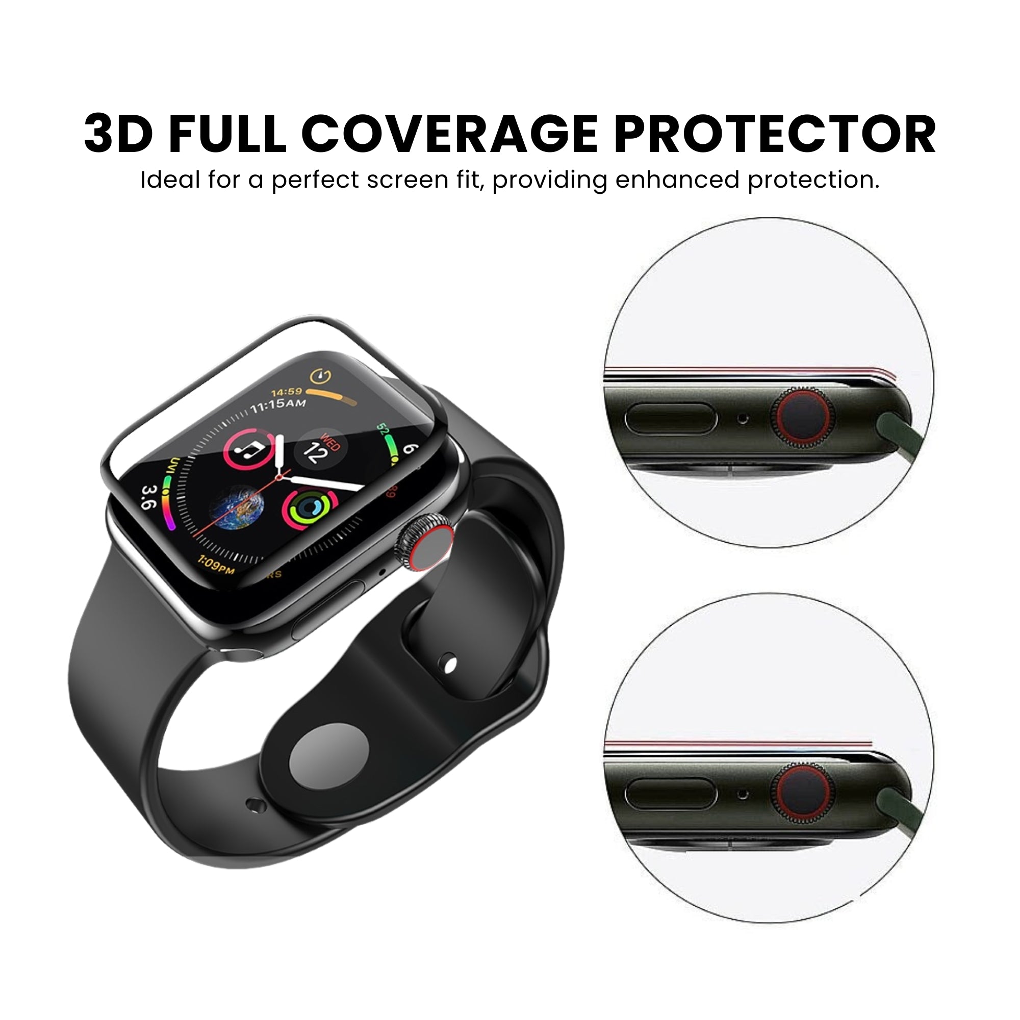 A screen protector for Apple Watch, which appears to be transparent and is applied on the watch screen that provides full 3D coverage protection.