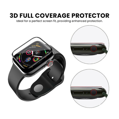 A screen protector for Apple Watch, which appears to be transparent and is applied on the watch screen that provides full 3D coverage protection.