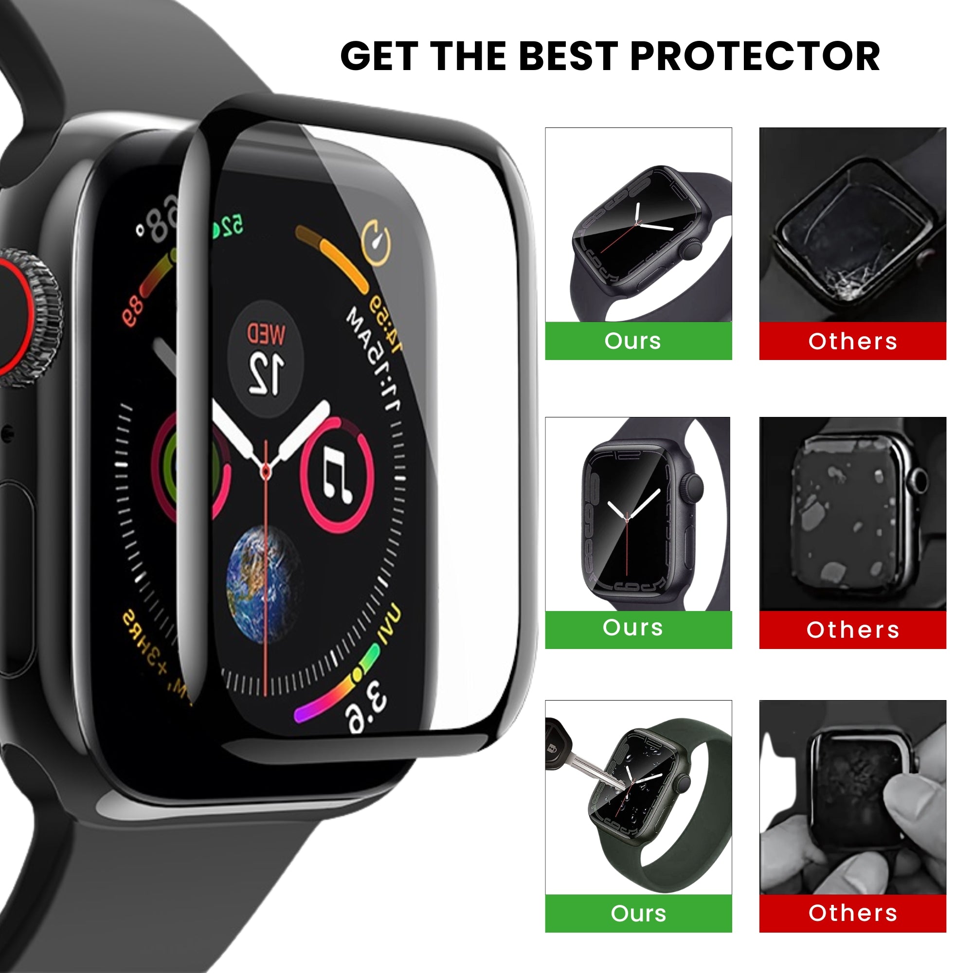 A screen protector for Apple Watch, which appears to be transparent and is applied on the watch screen that provides best protection.