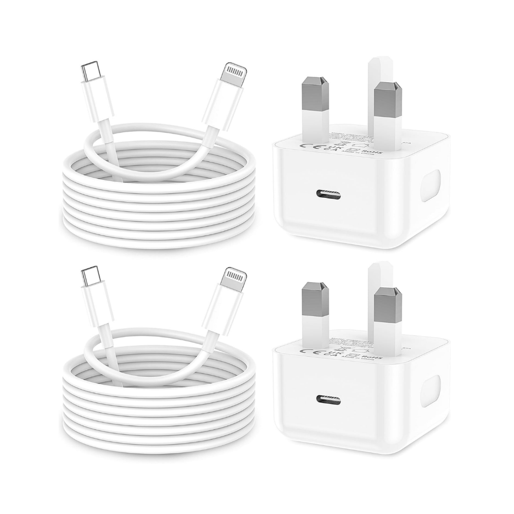 The image shows a pack of two white USB-C plugs with British plug heads and two white USB-C to Lightning cables.