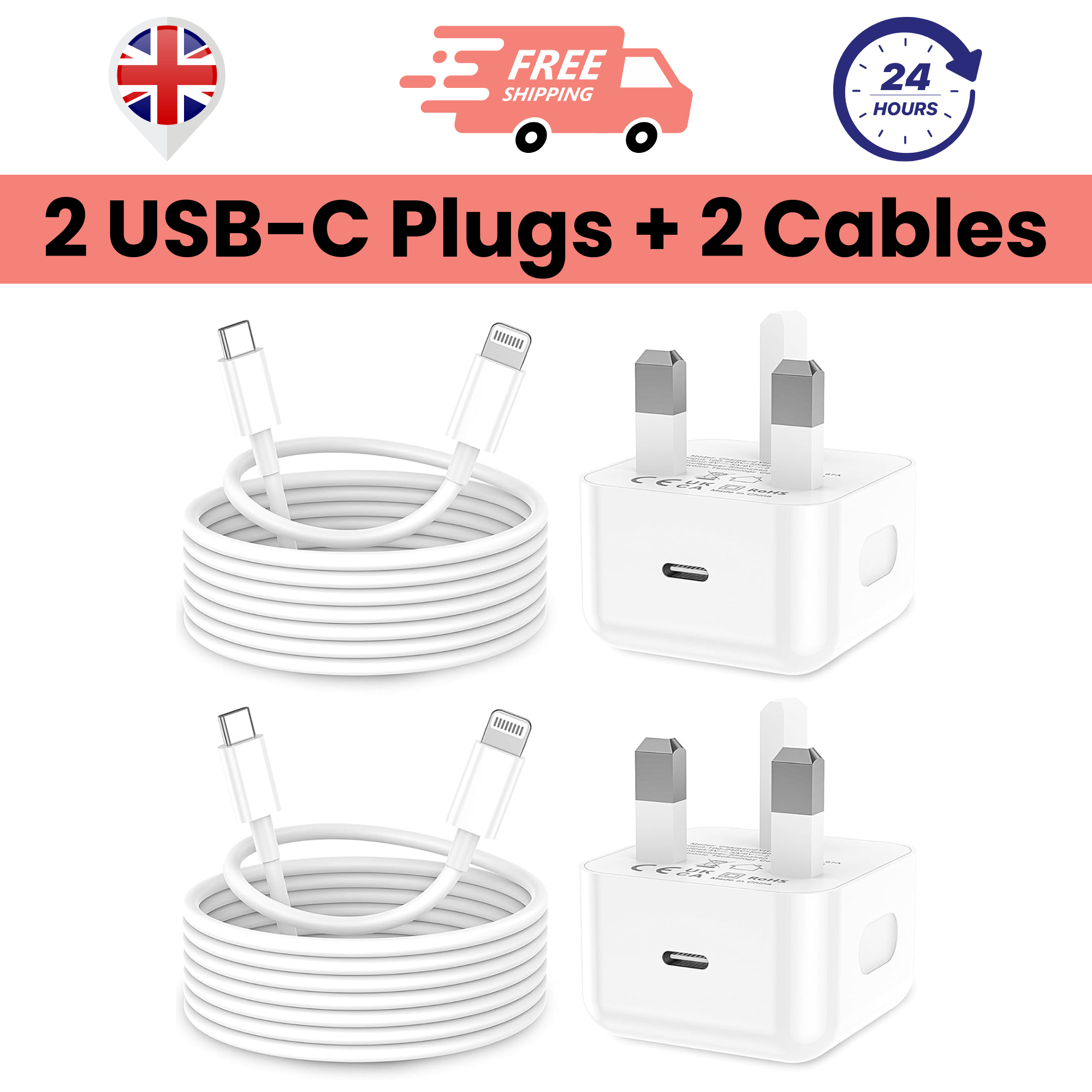 The image shows a pack of two white USB-C plugs with British plug heads and two white USB-C to Lightning cables.