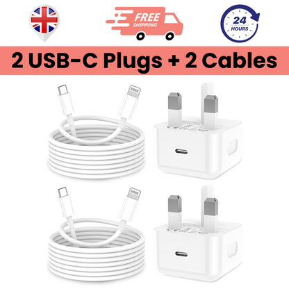 The image shows a pack of two white USB-C plugs with British plug heads and two white USB-C to Lightning cables.