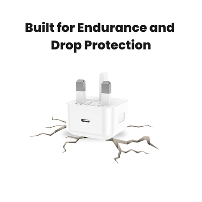 White British plug charger, built for endurance and drop protection.