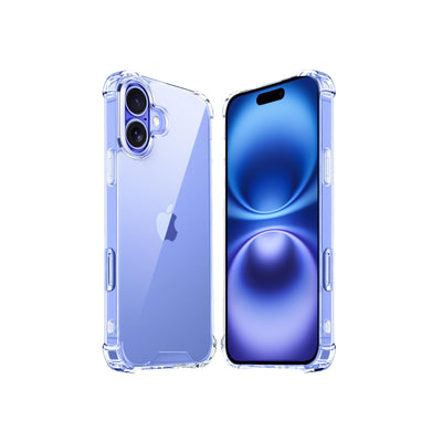 Clear protective case for all iPhone models, showing the back camera and Apple logo, with raised bezels around the screen and camera for protection.
