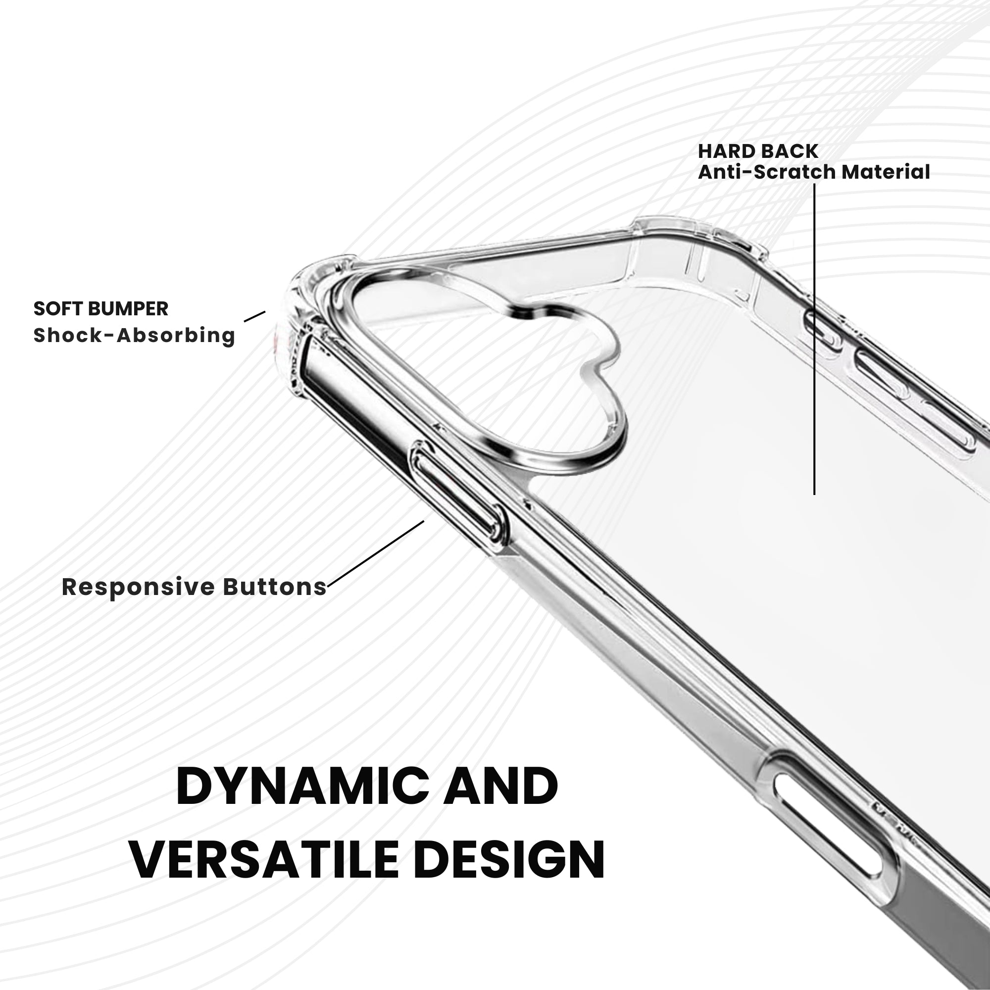 Clear protective case for all iPhone models, showing the back with raised bezels with dynamic design.