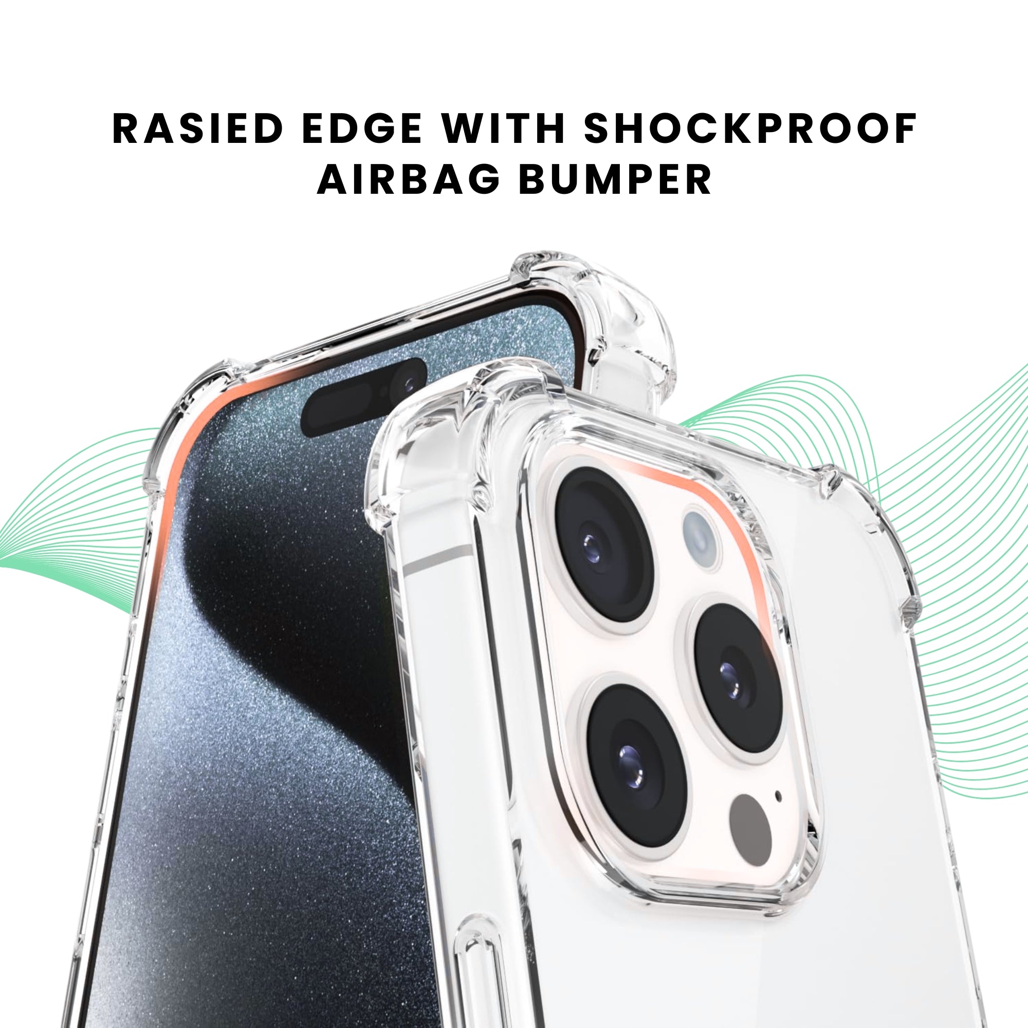 Clear protective case for all iPhone models, showing the back with raised bezels with shockproof airbag bumper.