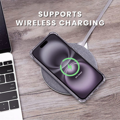 Clear protective case for all iPhone models, showing the front with raised bezels with dynamic design that supports wireless charging.