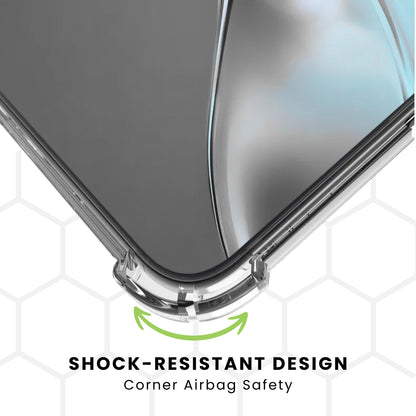 Clear protective case for all iPhone models, showing the corner with raised bezels & shock-resistant design.