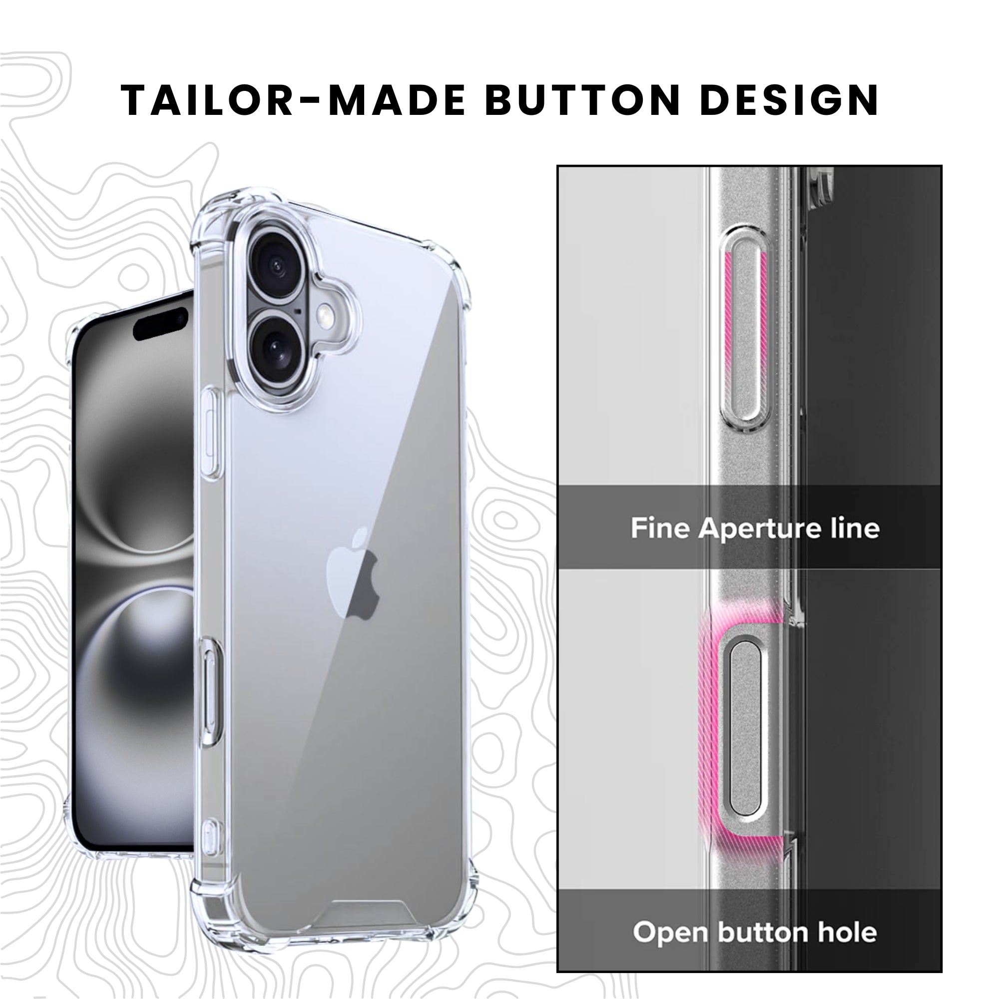 Clear protective case for all iPhone models, showing the back with raised bezels and tailor-made button design.