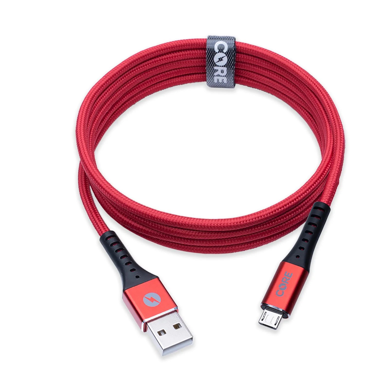 A red Core brand Micro USB cable with both USB and Micro USB connectors.