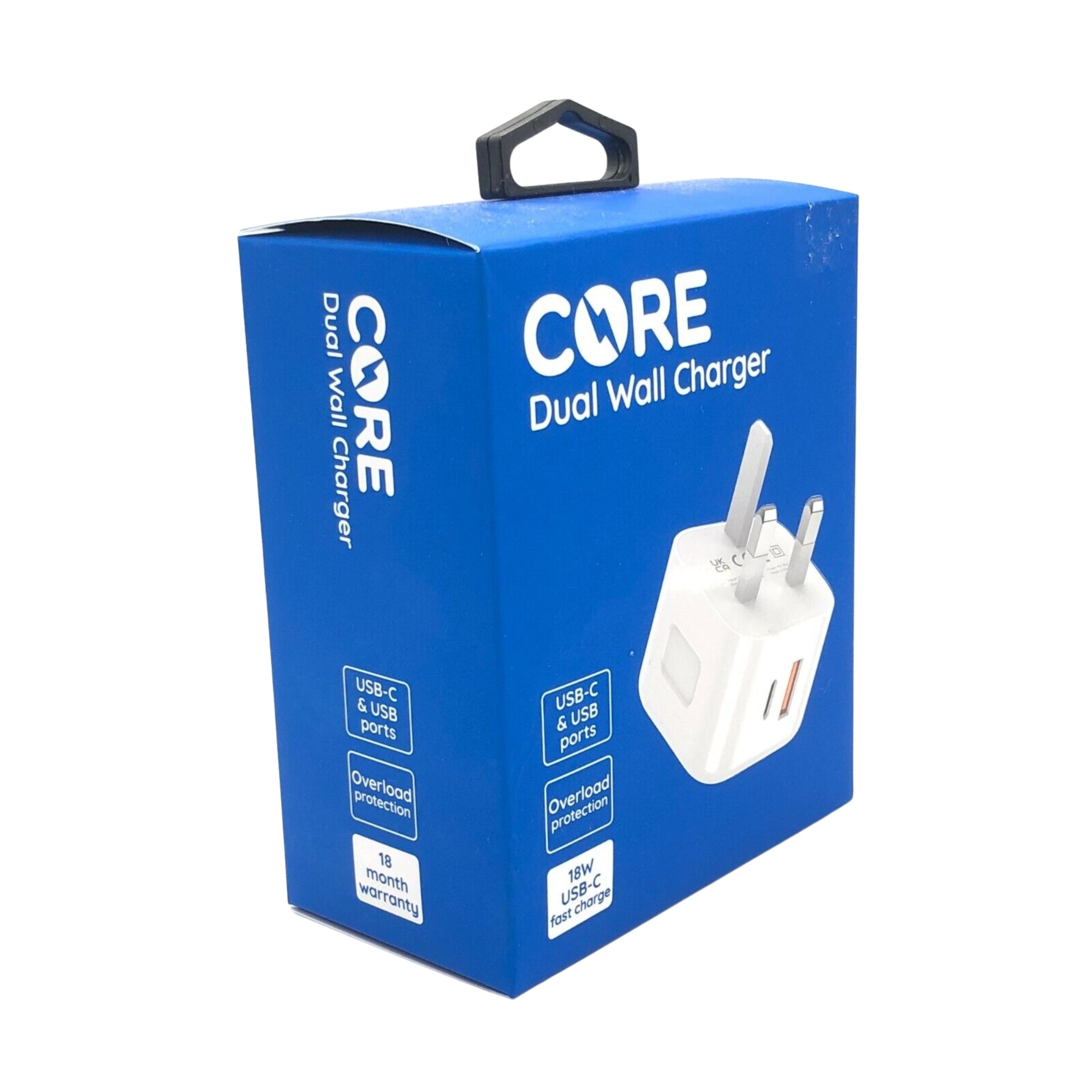 Packaging box of the Core Dual USB Fast Charging Plug with a white charger depicted on the front.