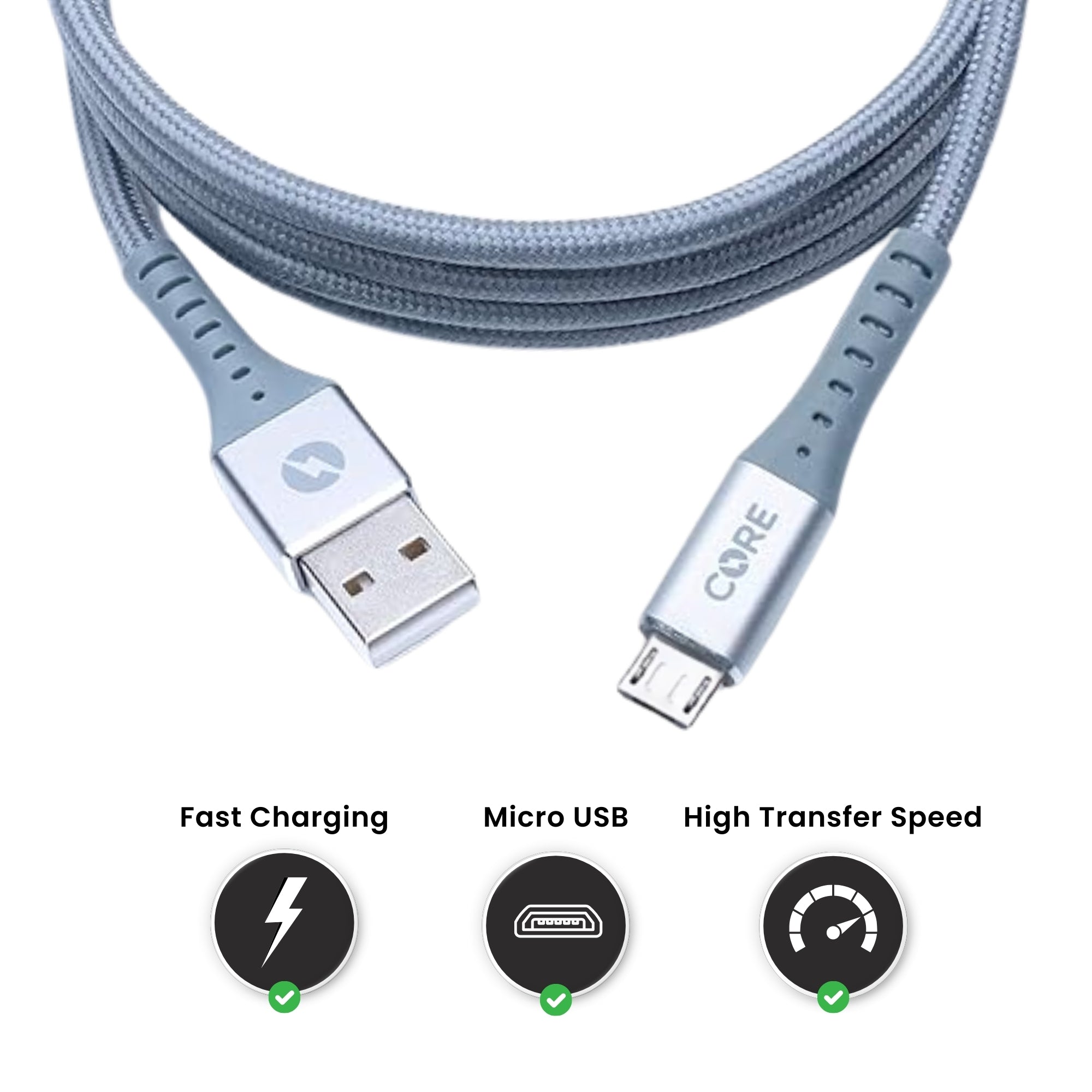A 1.5-meter gray micro USB cable with a USB connector on one end and a micro USB connector on the other end, branded with the name 'Core'.
