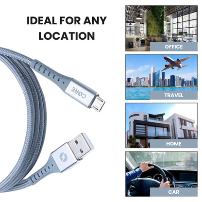 A 1.5-meter gray micro USB cable with a USB connector on one end and a micro USB connector on the other end, branded with the name 'Core'.