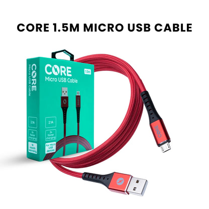 A red Core brand Micro USB cable with both USB and Micro USB connectors with box.