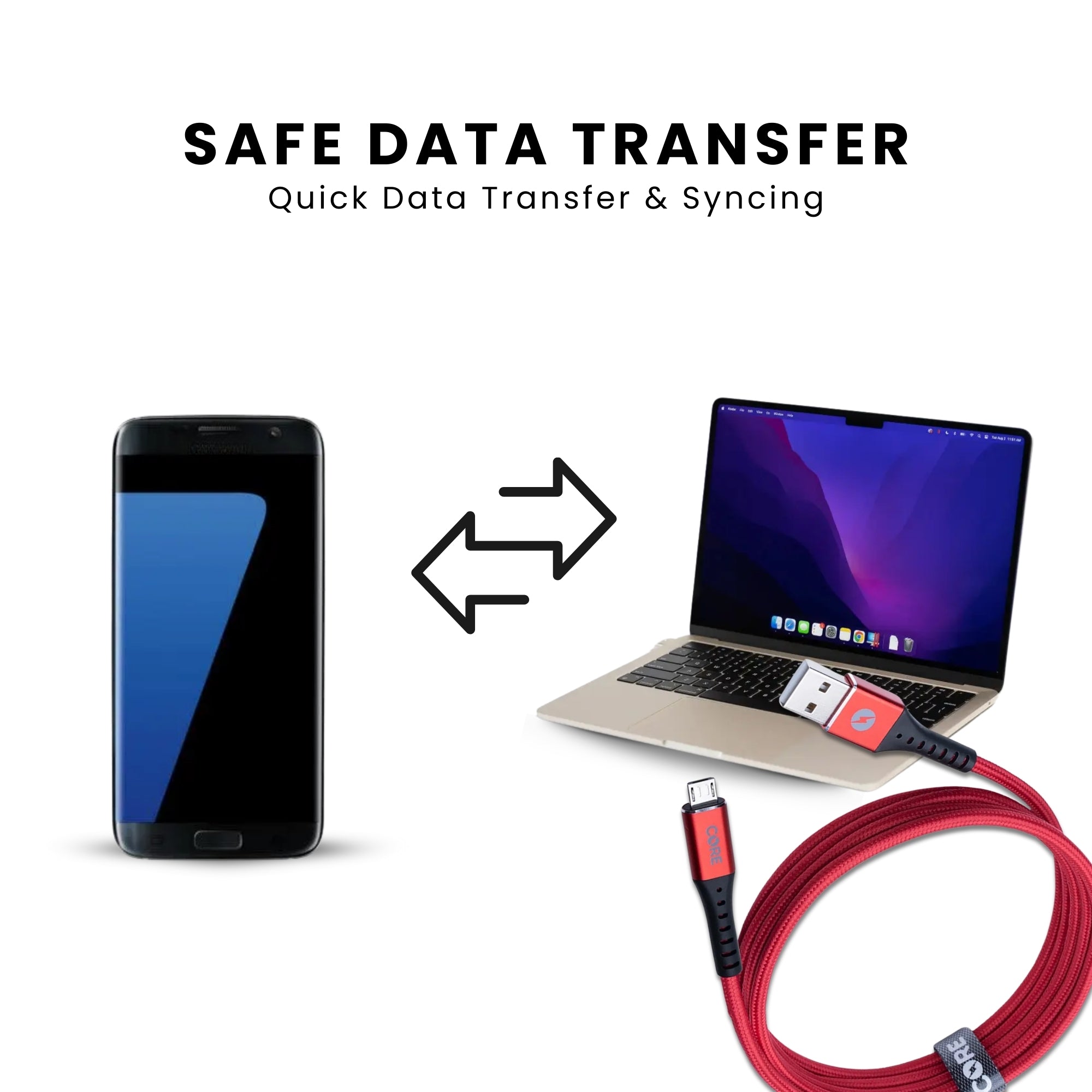 A red Core brand Micro USB cable with both USB and Micro USB connectors with quick data transfer and syncing.