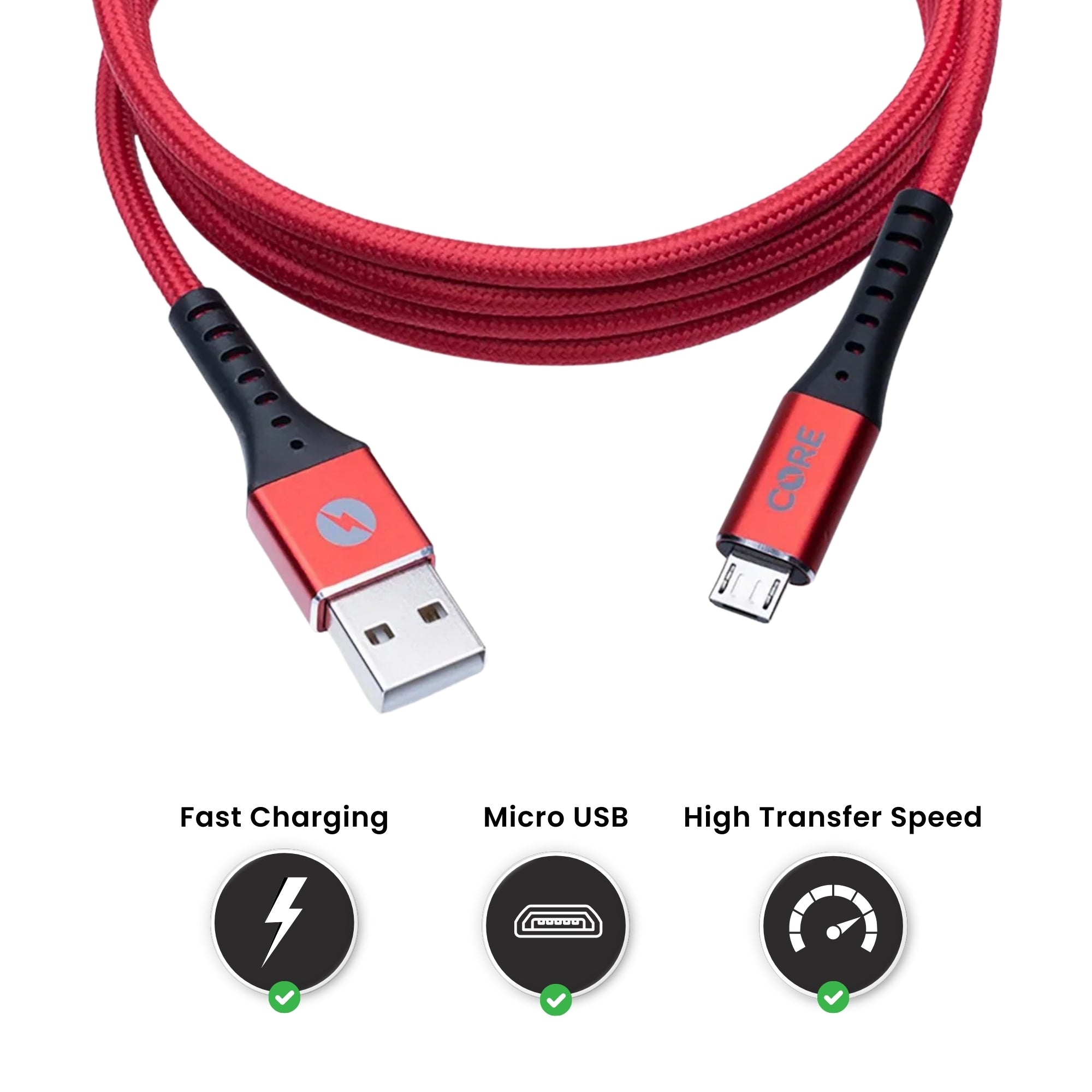 A red Core brand Micro USB cable with both USB and Micro USB connector with fast charging and high transfer speed.