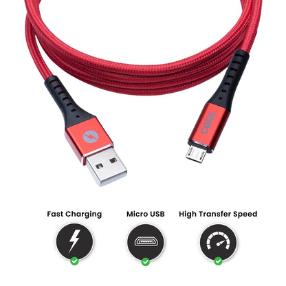 A red Core brand Micro USB cable with both USB and Micro USB connector with fast charging and high transfer speed.