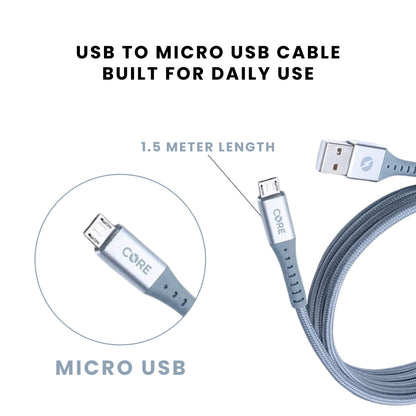 A 1.5-meter gray micro USB cable with a USB connector on one end and a micro USB connector on the other end, branded with the name 'Core', best for daily use.