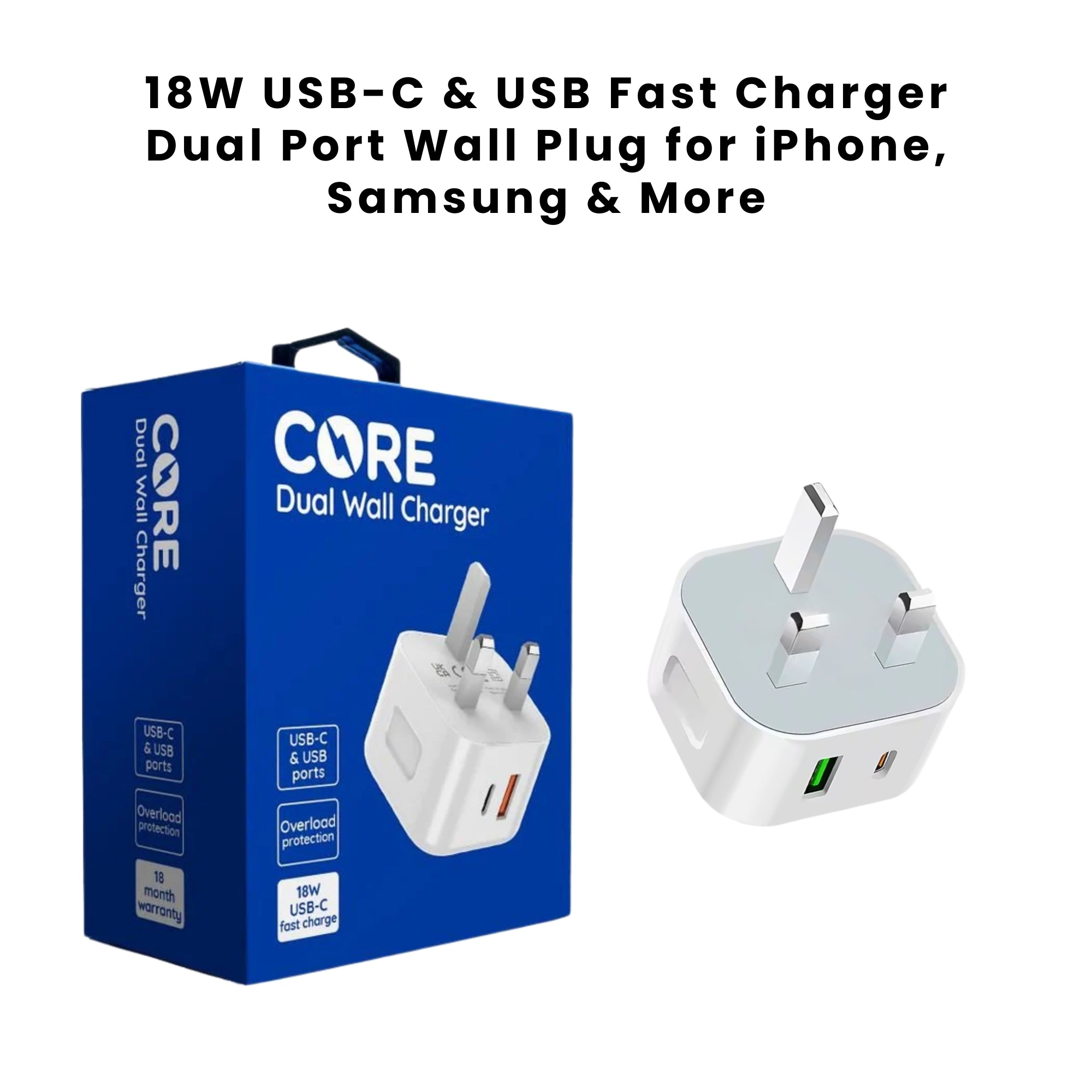 An 18W USB-C fast charger and Packaging box of the Core Dual USB Fast Charging Plug with a white charger depicted on the front.