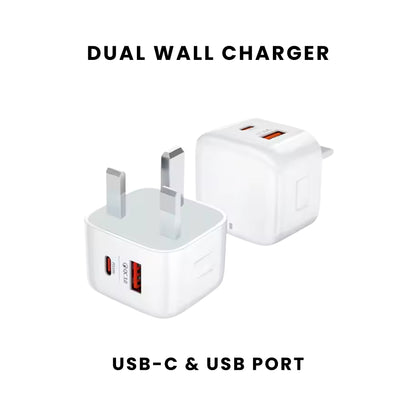 Two Core Dual USB Fast Charging Plugs with white charger with USB-C and USB port.