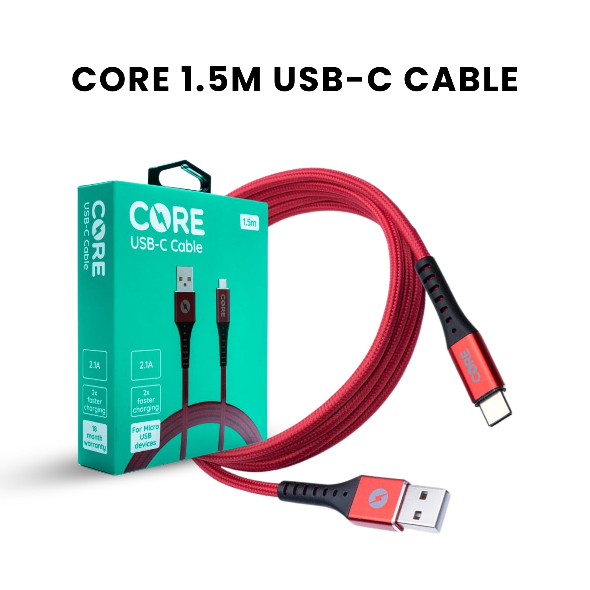 A red-colored Core Type C cable with a USB connector on one end and a Type-C connector on the other, branded with the CORE logo.